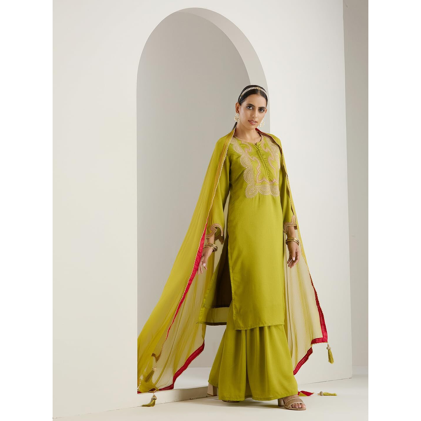 Ishin Gold Zari Detail Embroidered Straight Festive Kurta With Sharara And Dupata