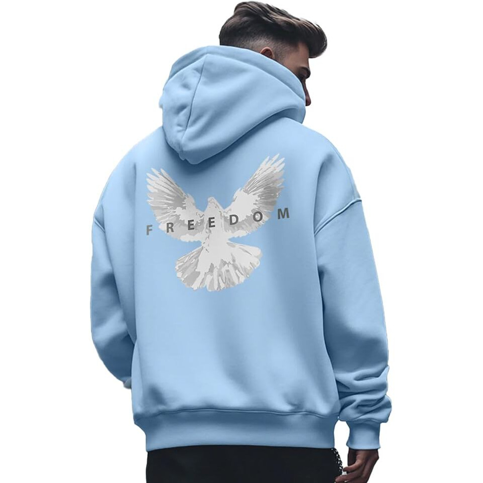 Nobero Men's Oversized Fit Cotton Blend Neck Hooded Sweatshirt (1M-Twrh-C0641_Powder Blue-Freedom_3Xl)