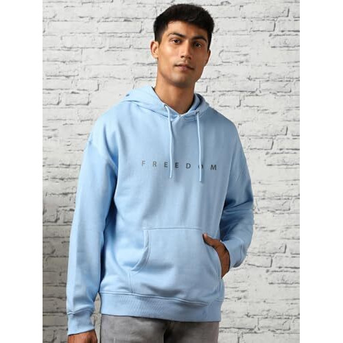 Nobero Men's Oversized Fit Cotton Blend Neck Hooded Sweatshirt (1M-Twrh-C0641_Powder Blue-Freedom_3Xl)