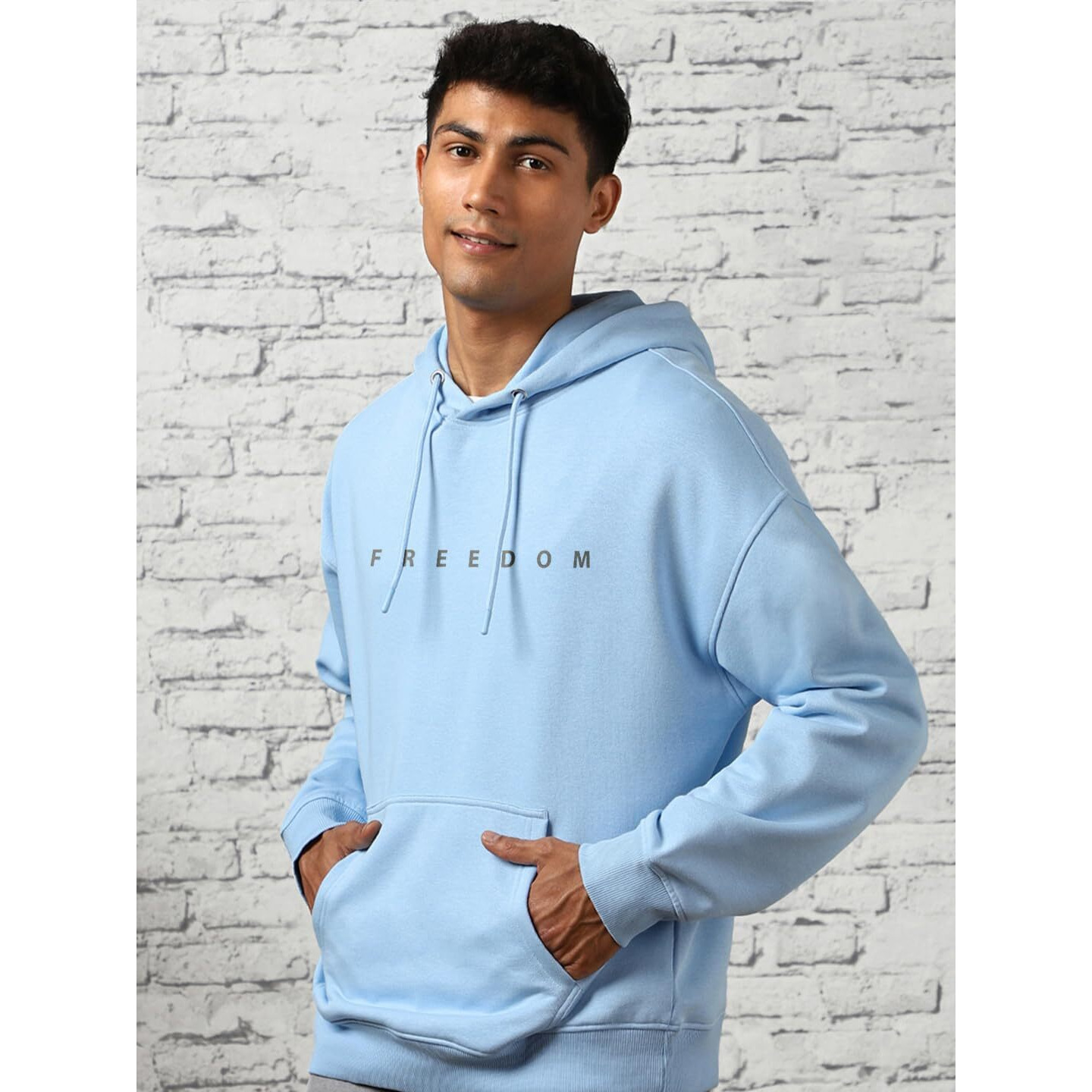 Nobero Men's Oversized Fit Cotton Blend Neck Hooded Sweatshirt (1M-Twrh-C0641_Powder Blue-Freedom_3Xl)