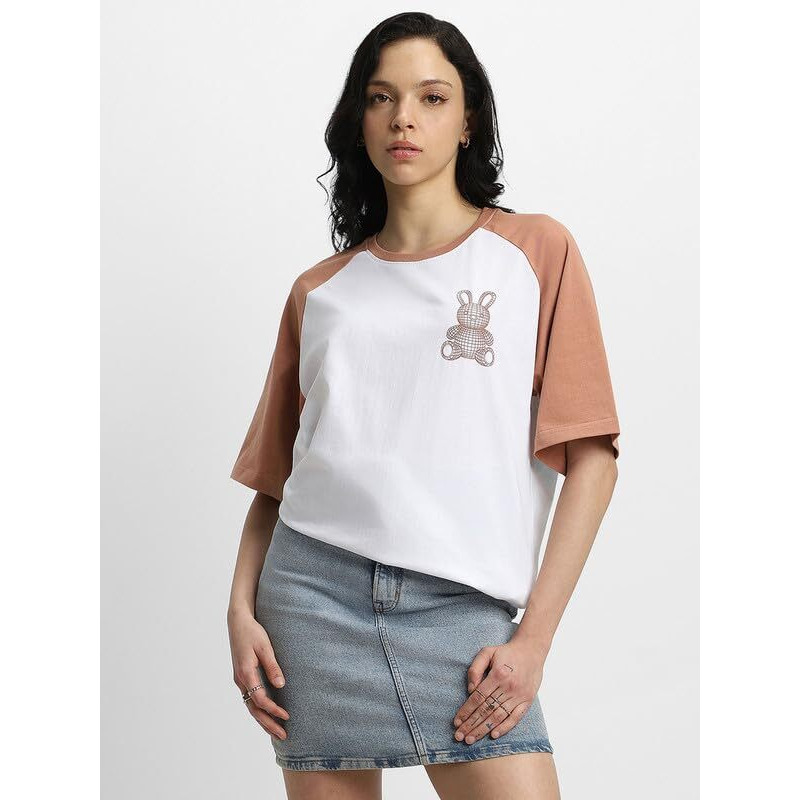 Juneberry Pure 100% Cotton Oversized Loose Baggy Fit Drop Shoulder Latest Aesthetic & Cool Graphic Prinred Half Sleeve T-Shirts For Women & Girls (Po2_Jb_Jteddy_Clfrn_L)