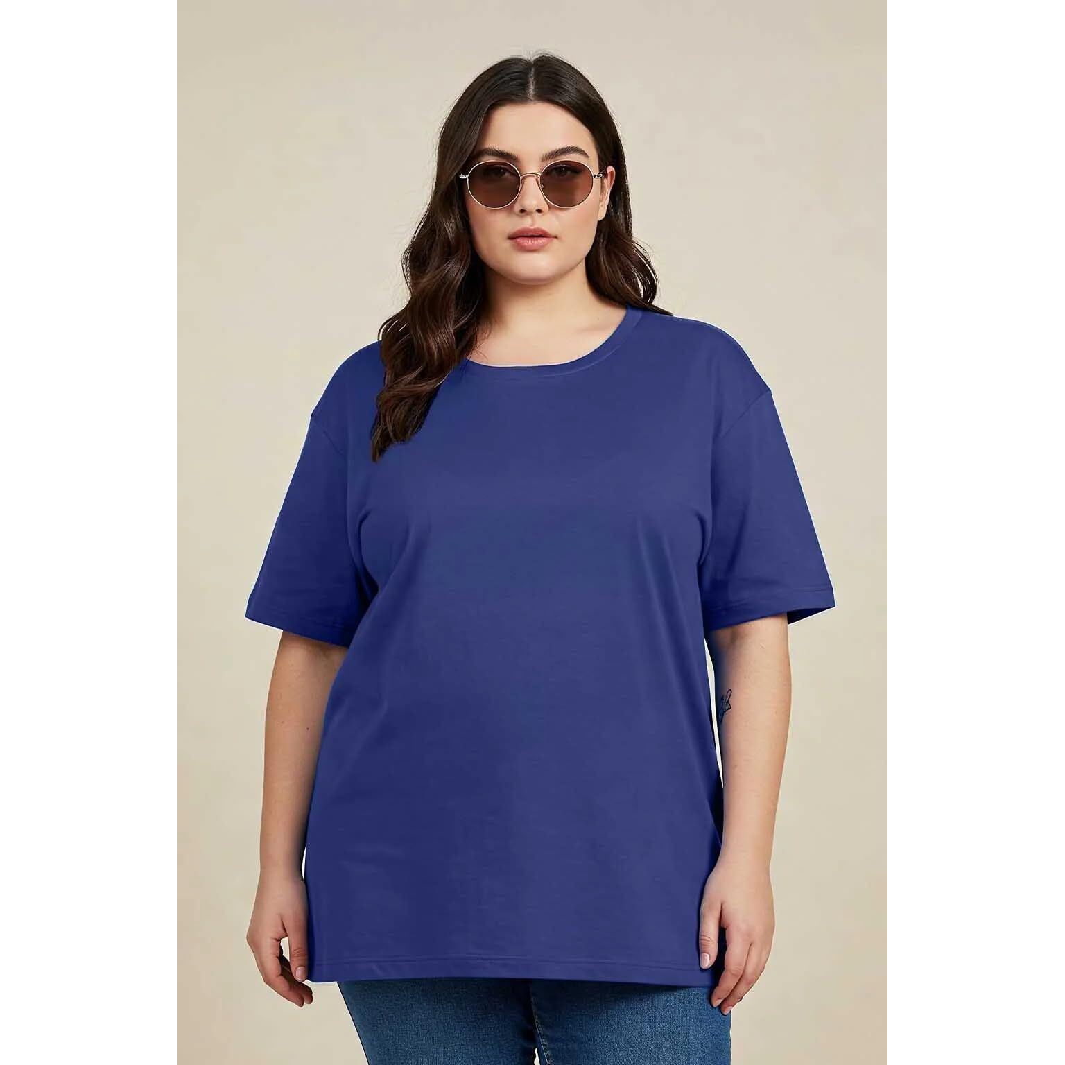 Juneberry 100% Pure Cotton Oversized Baggy Fit Core Solid Half Sleeve Plus Size T-Shirt For Women & Girls (Ps_Jb_Royalblue_Xxl)