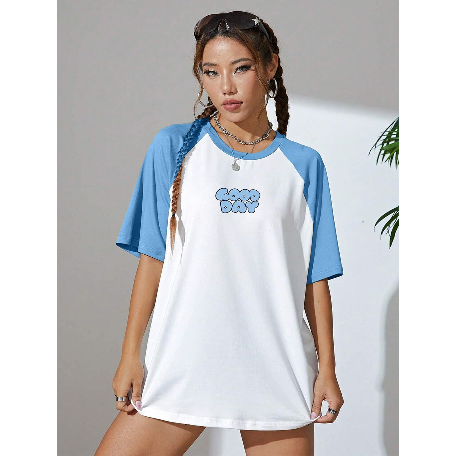 Juneberry 100% Pure Cotton Oversized Baggy Fit Drop Shoulderdutch Canalgraphic Printed Raglan Sleeves Boyfriend T-Shirt For Women & Girls (Os_J_Goodday_Dc_Xxl)