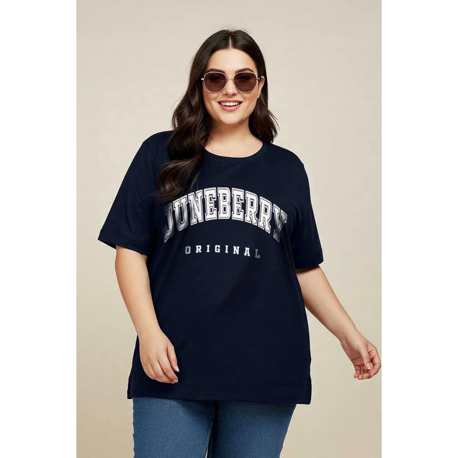 Juneberry 100% Pure Cotton Oversized Baggy Fit Cool Front Chest Graphic Printed Half Sleeve Plus Size T-Shirt For Women & Girls (Jb_Ps_Jborgnl_Nvy_5Xl)