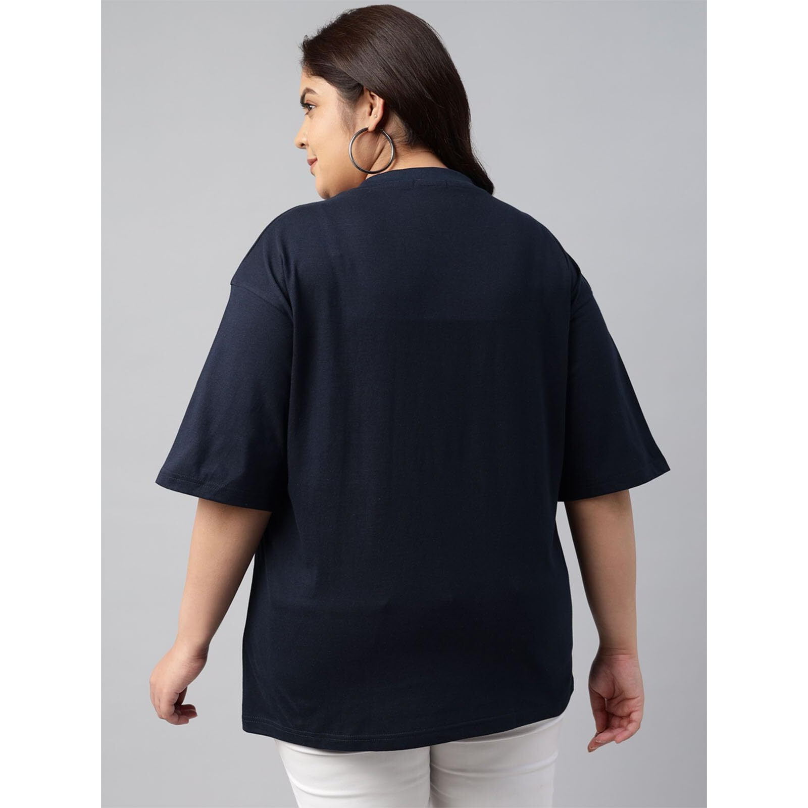 Juneberry 100% Pure Cotton Oversized Baggy Fit Cool Front Chest Graphic Printed Half Sleeve Plus Size T-Shirt For Women & Girls (Jb_Ps_Jborgnl_Nvy_5Xl)