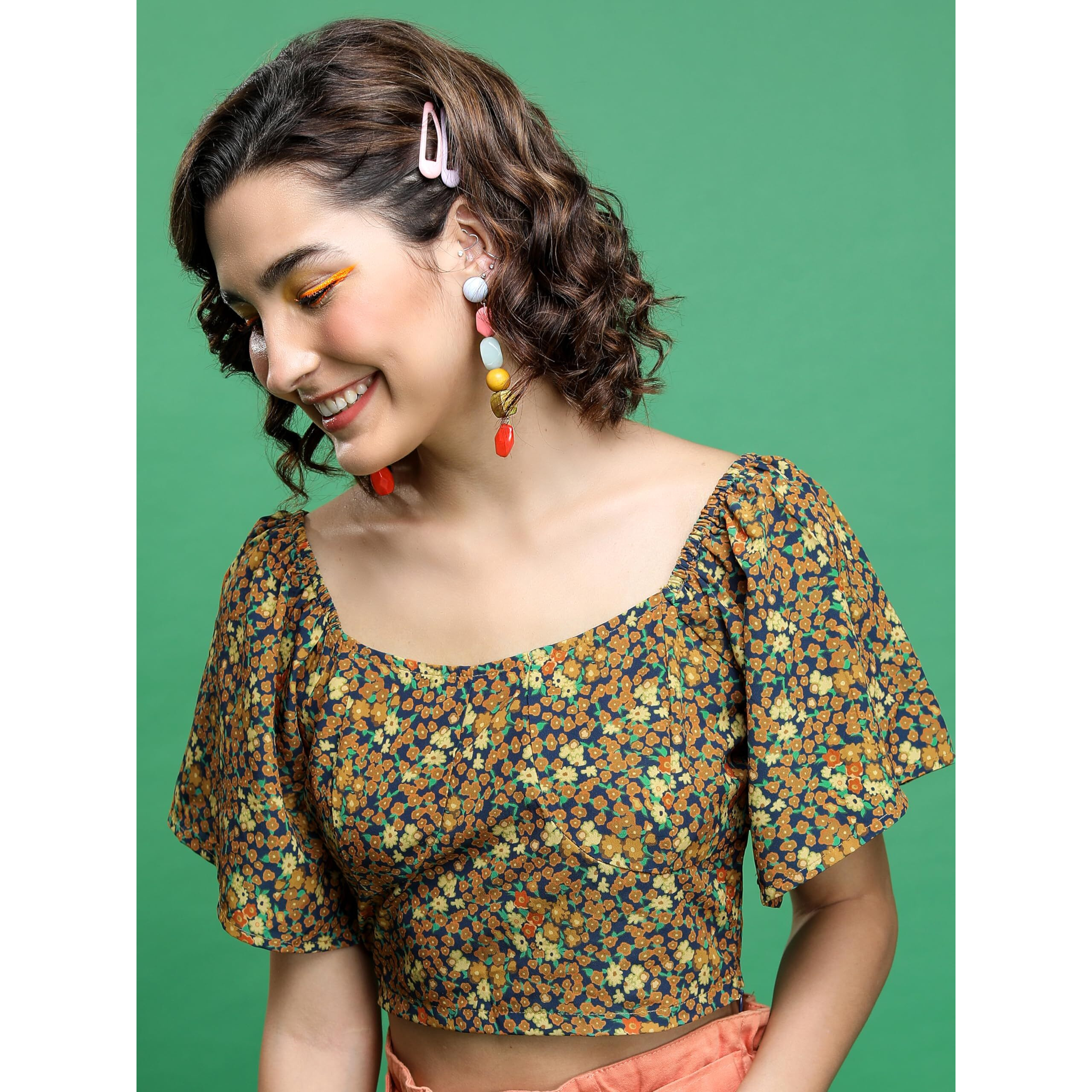 Ketch Women's Regular Fit Tops (Khtp000412_Mustard Blue Multi