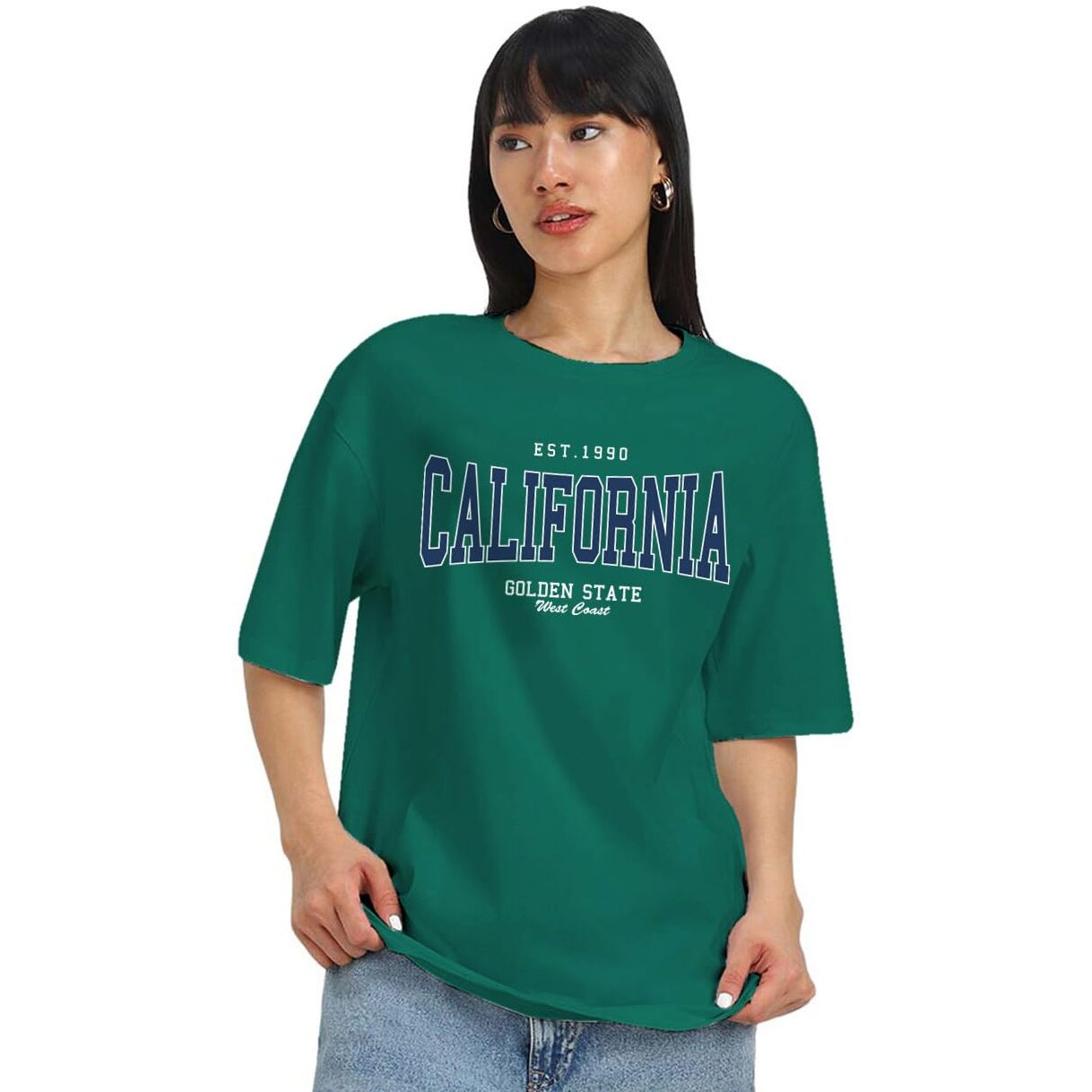 Juneberry Round Neck Drop Shoulder Round Neck Black & White Graphic Printed Pure Cotton Oversized Baggy Fit Half Sleeve T-Shirt For Women & Girls (Os_J_Clifrnia_Grn117_S)