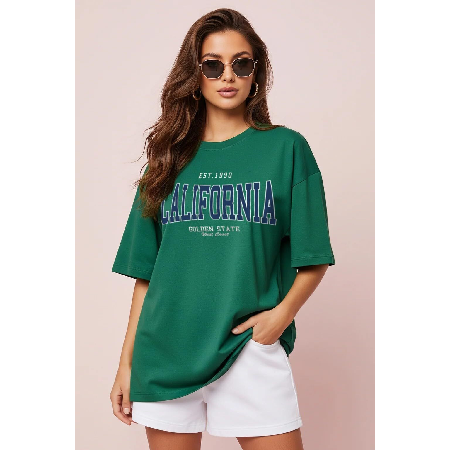 Juneberry Round Neck Drop Shoulder Round Neck Black & White Graphic Printed Pure Cotton Oversized Baggy Fit Half Sleeve T-Shirt For Women & Girls (Os_J_Clifrnia_Grn117_S)