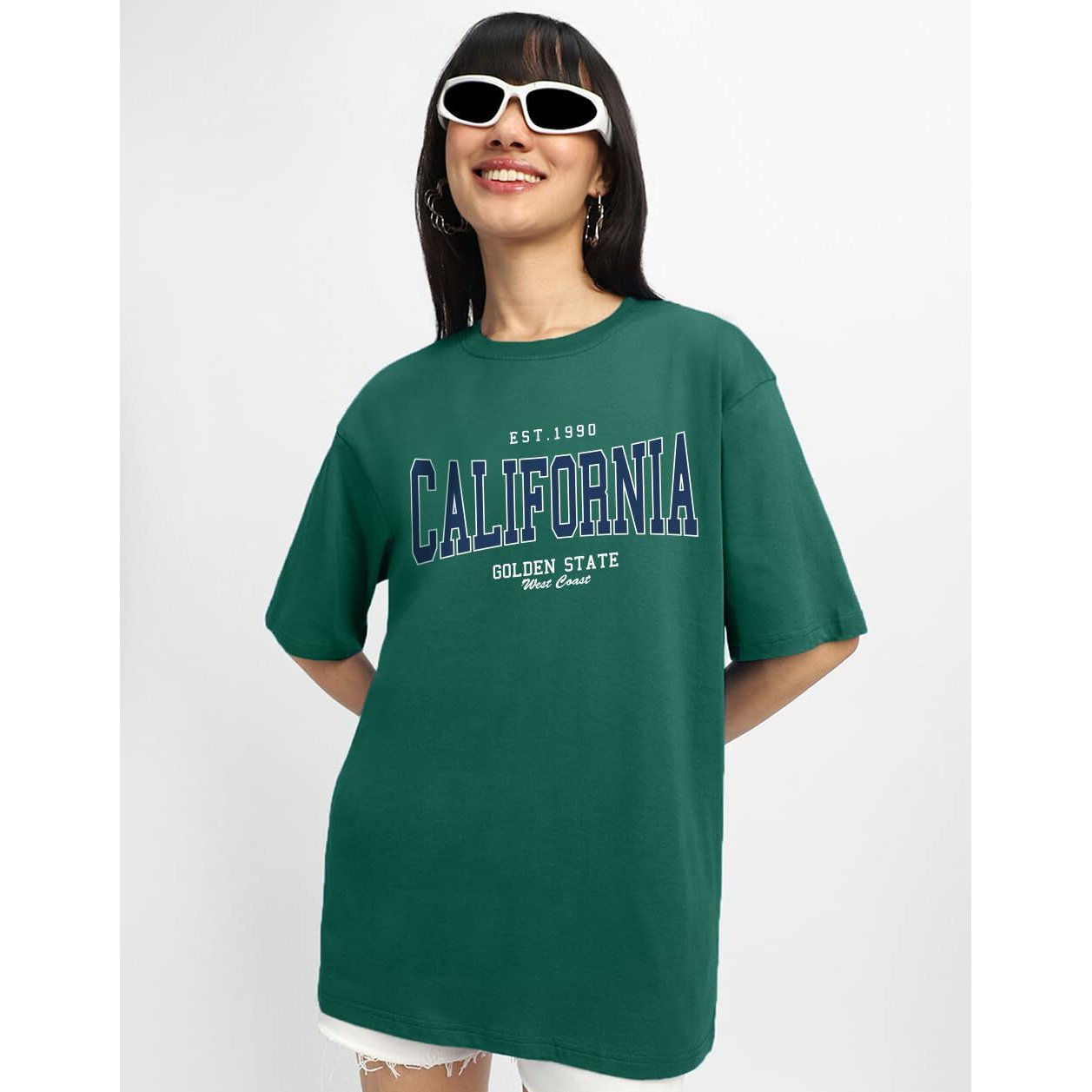 Juneberry Round Neck Drop Shoulder Round Neck Black & White Graphic Printed Pure Cotton Oversized Baggy Fit Half Sleeve T-Shirt For Women & Girls (Os_J_Clifrnia_Grn117_S)