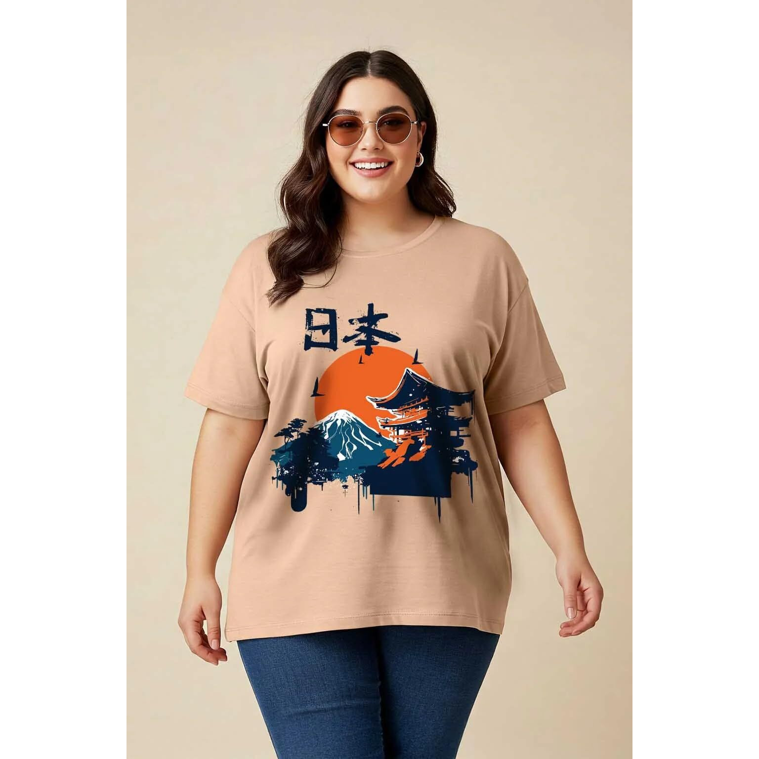 Juneberry 100% Pure Cotton Oversized Baggy Fit Cool Front Chest Graphic Printed Half Sleeve Plus Size T-Shirt For Women & Girls (Ps_J_Nature_Bg_3Xl) Beige