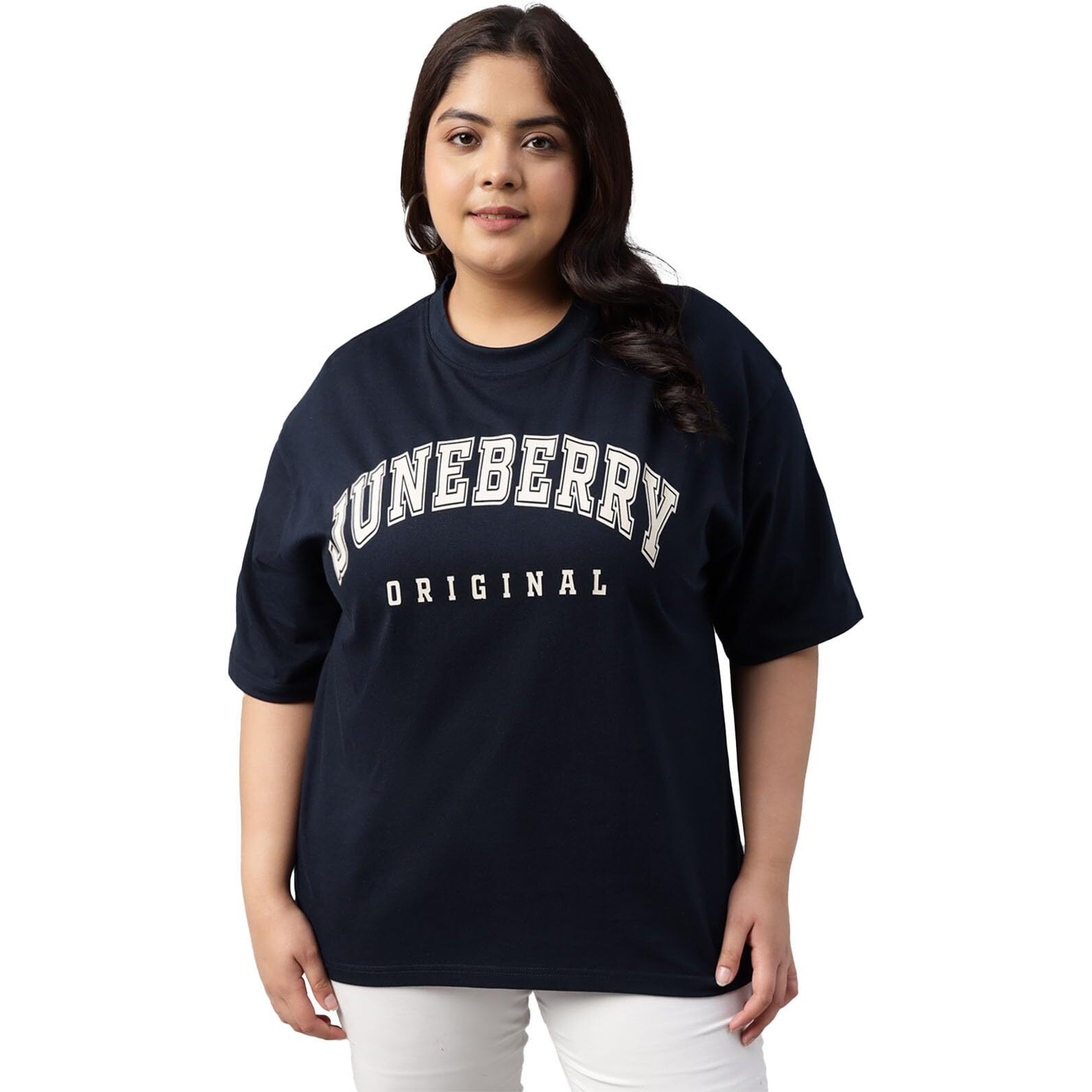 Juneberry 100% Pure Cotton Oversized Baggy Fit Cool Front Chest Graphic Printed Half Sleeve Plus Size T-Shirt For Women & Girls (Jb_Ps_Jborgnl_Nvy_3Xl)