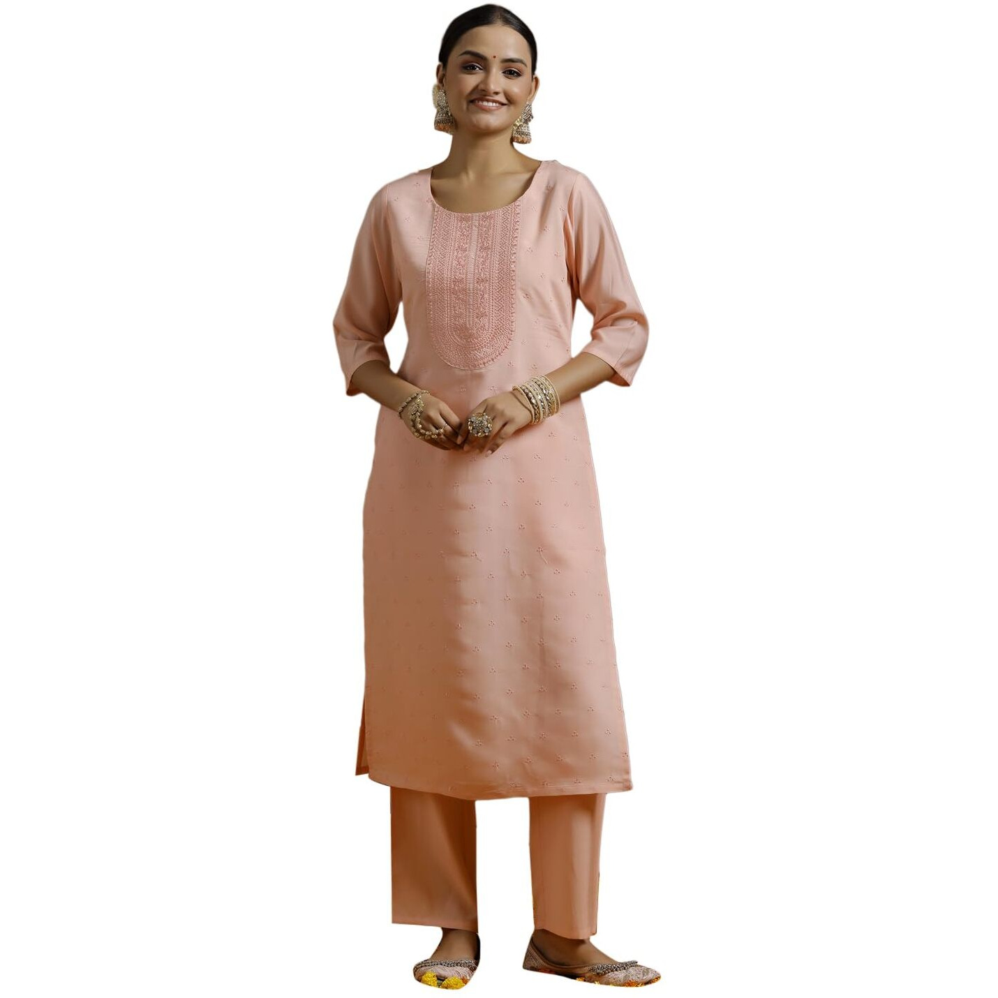 Libas Gerua Womens Embroidered Silk Blend Straight Kurta With Trousers