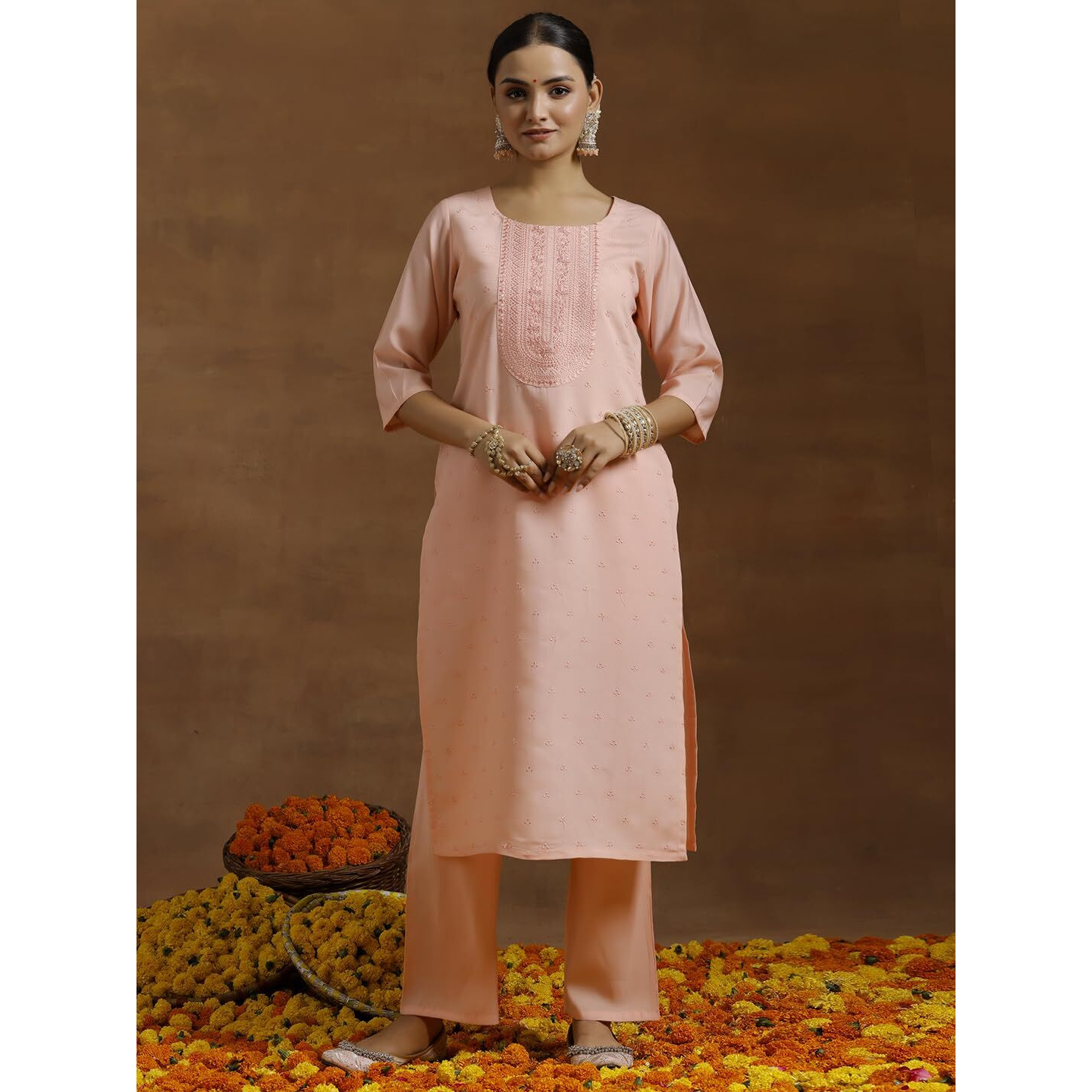 Libas Gerua Womens Embroidered Silk Blend Straight Kurta With Trousers