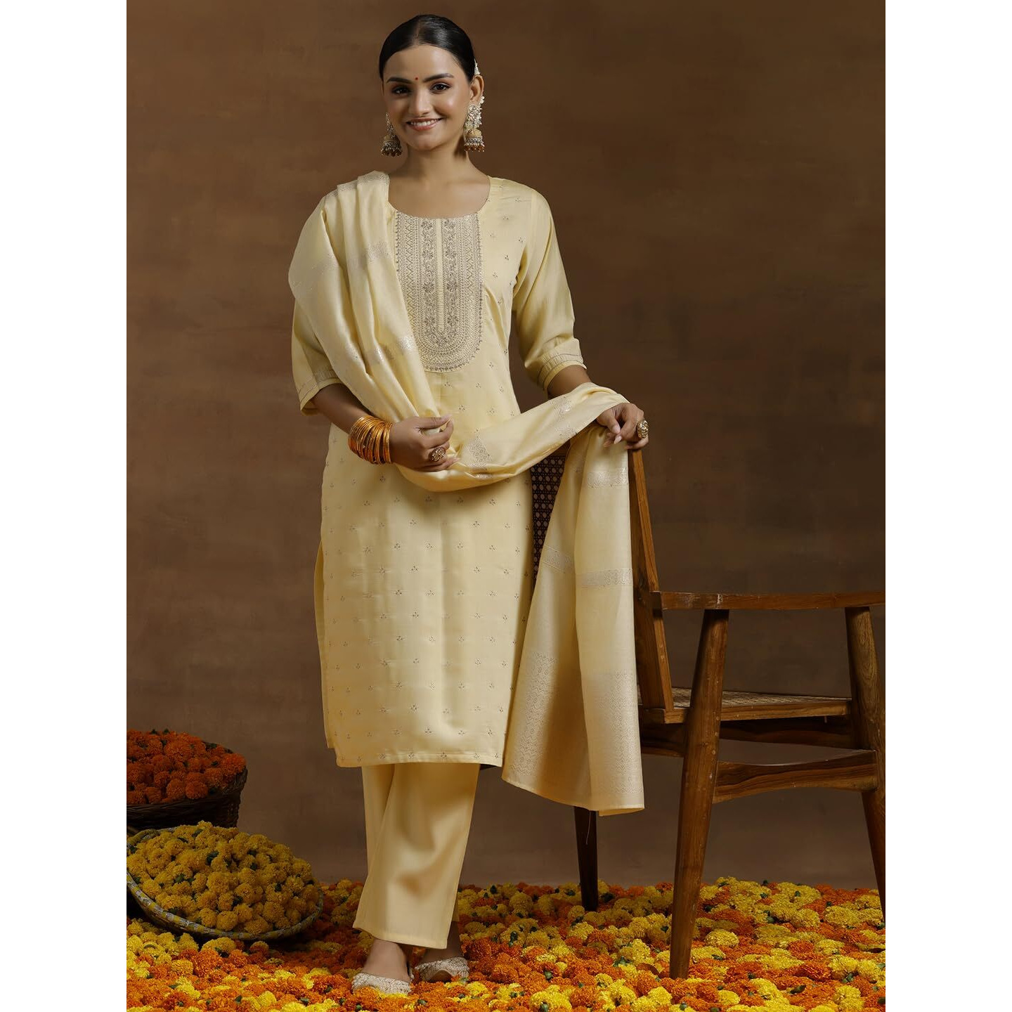 Libas Gerua Womens Embroidered Silk Blend Straight Kurta With Trousers And Dupatta