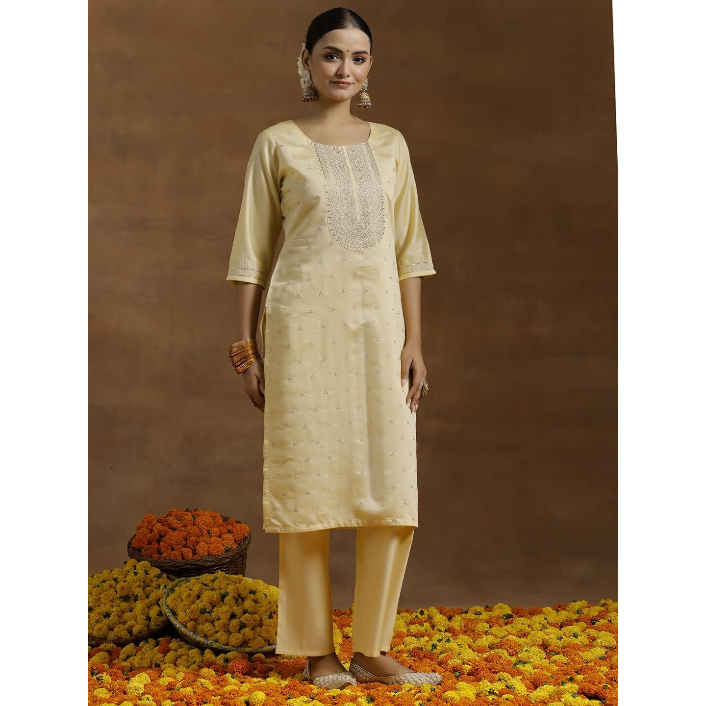 Libas Gerua Womens Embroidered Silk Blend Straight Kurta With Trousers And Dupatta
