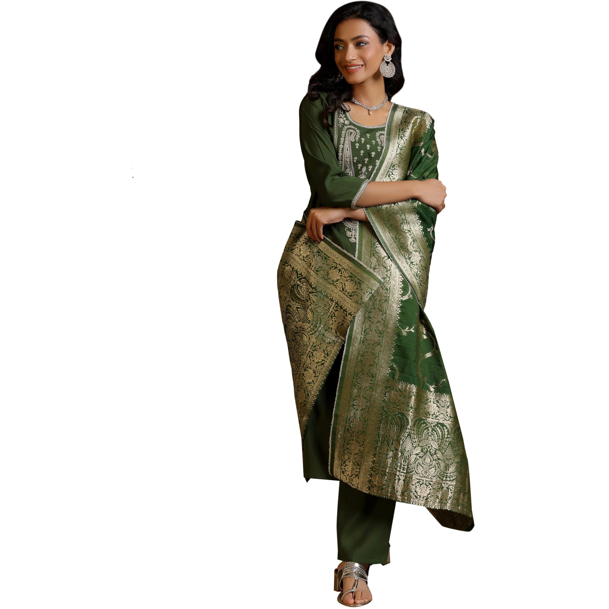 Libas Womens Woven Design Silk Blend Straight Kurta With Trousers And Dupatta