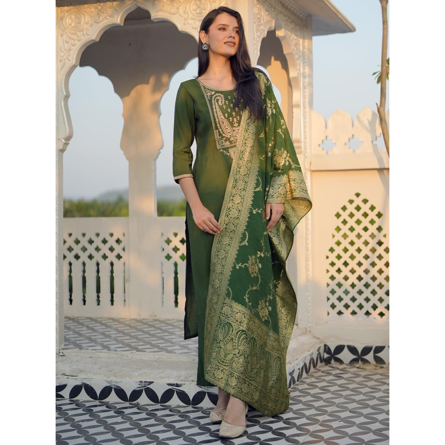 Libas Womens Woven Design Silk Blend Straight Kurta With Trousers And Dupatta