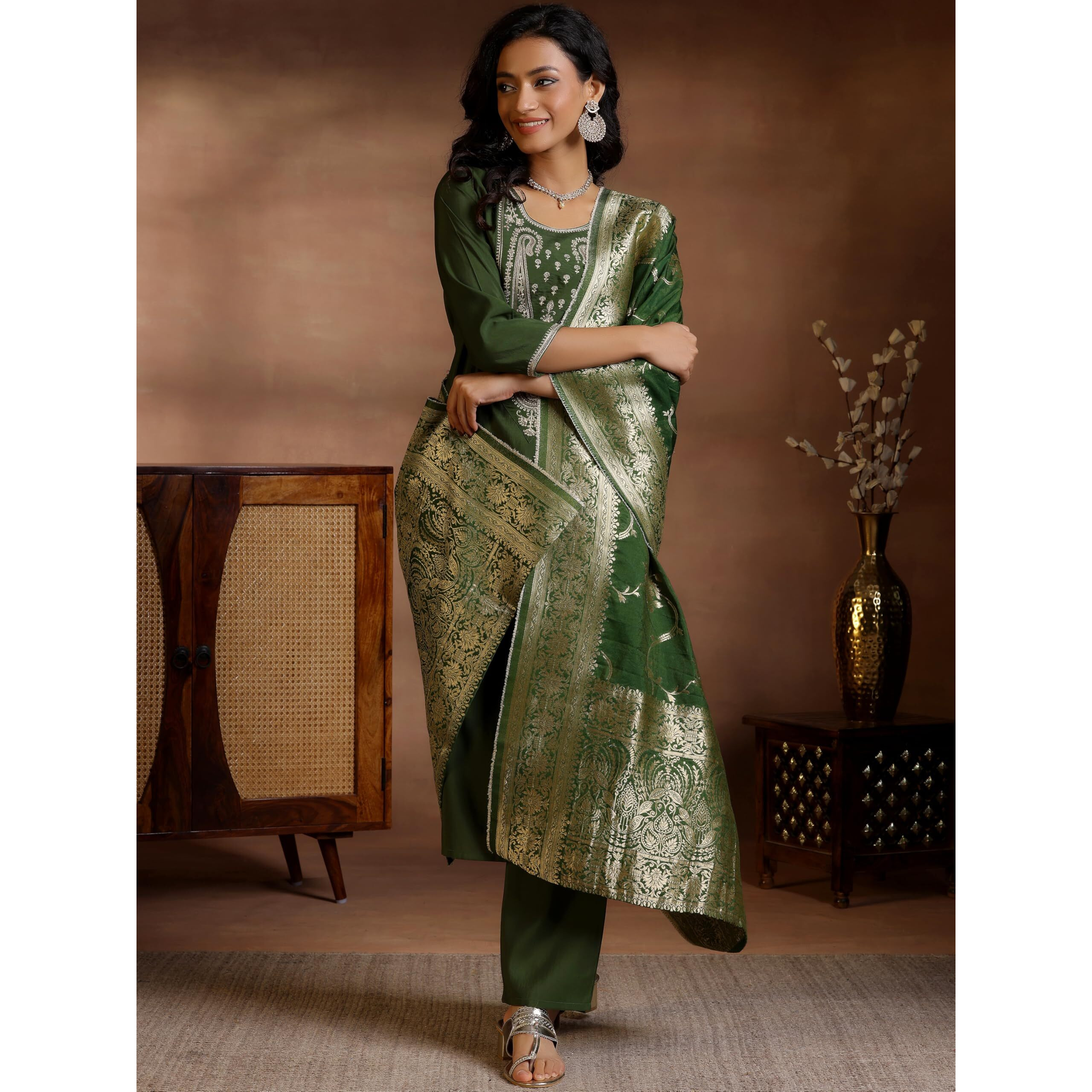 Libas Womens Woven Design Silk Blend Straight Kurta With Trousers And Dupatta