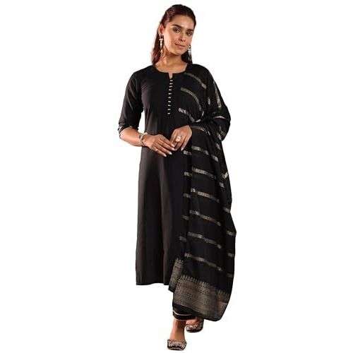 Libas Gerua Womens Solid Silk Blend Straight Kurta With Trousers And Dupatta
