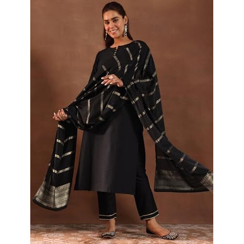 Libas Gerua Womens Solid Silk Blend Straight Kurta With Trousers And Dupatta