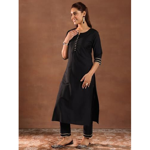 Libas Gerua Womens Solid Silk Blend Straight Kurta With Trousers And Dupatta