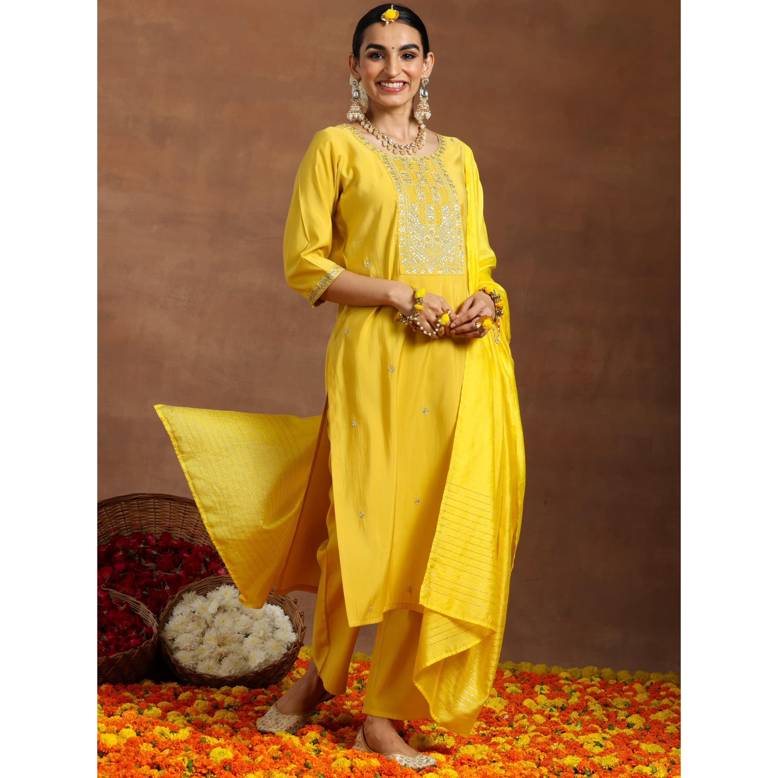 Libas Gerua Womens Yoke Design Silk Blend Straight Kurta With Trousers And Dupatta