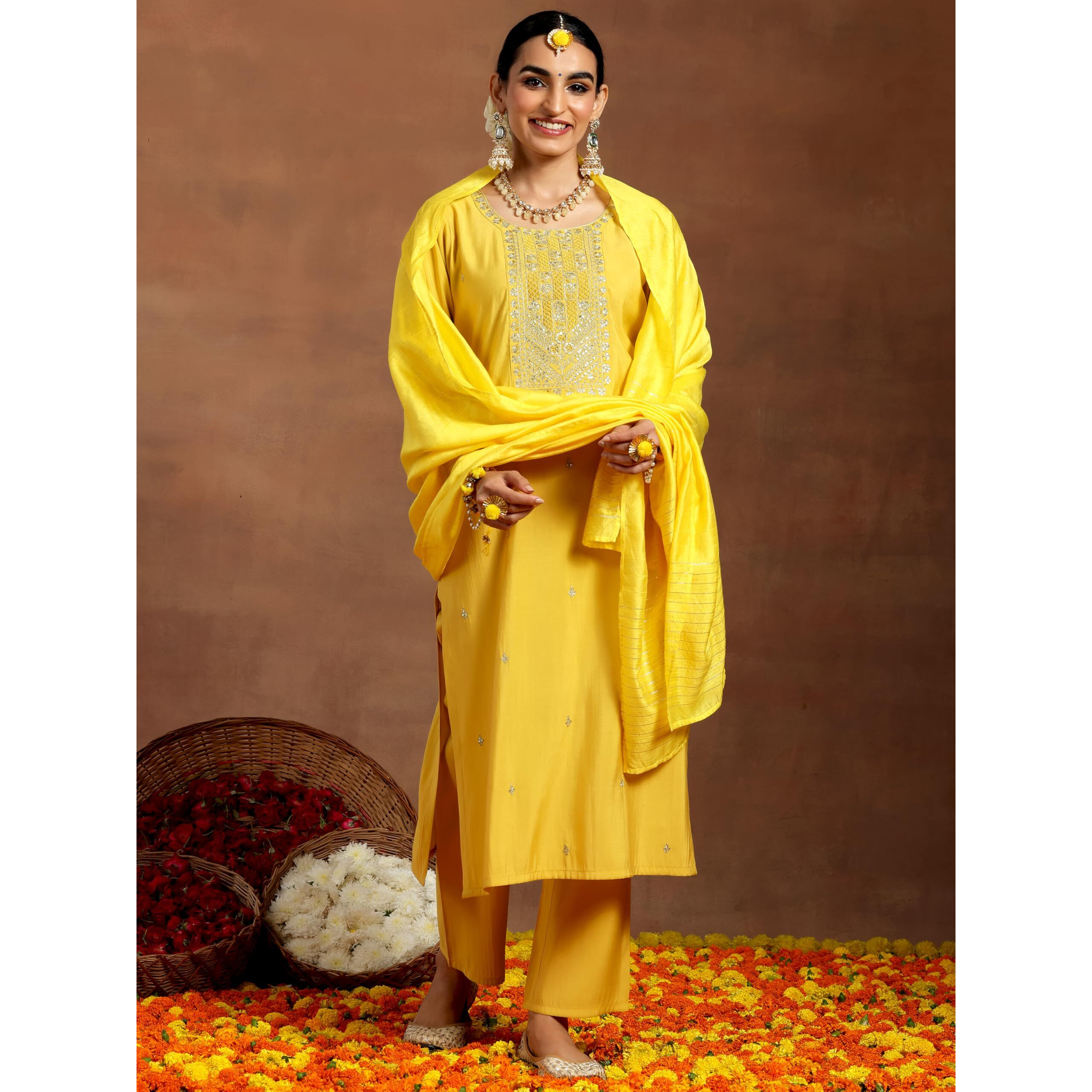 Libas Gerua Womens Yoke Design Silk Blend Straight Kurta With Trousers And Dupatta
