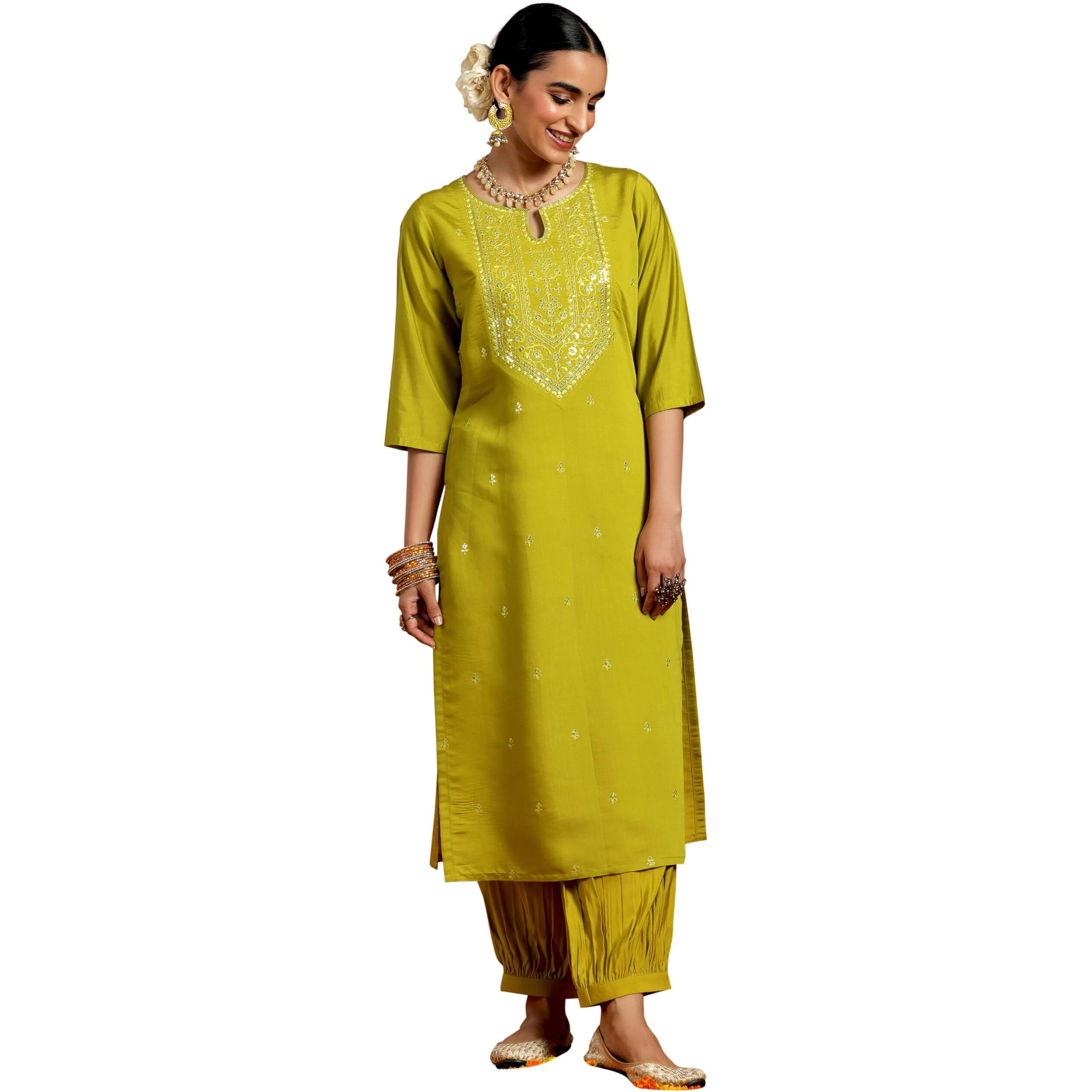 Libas Gerua Womens Embroidered Silk Blend Straight Kurta With Salwar