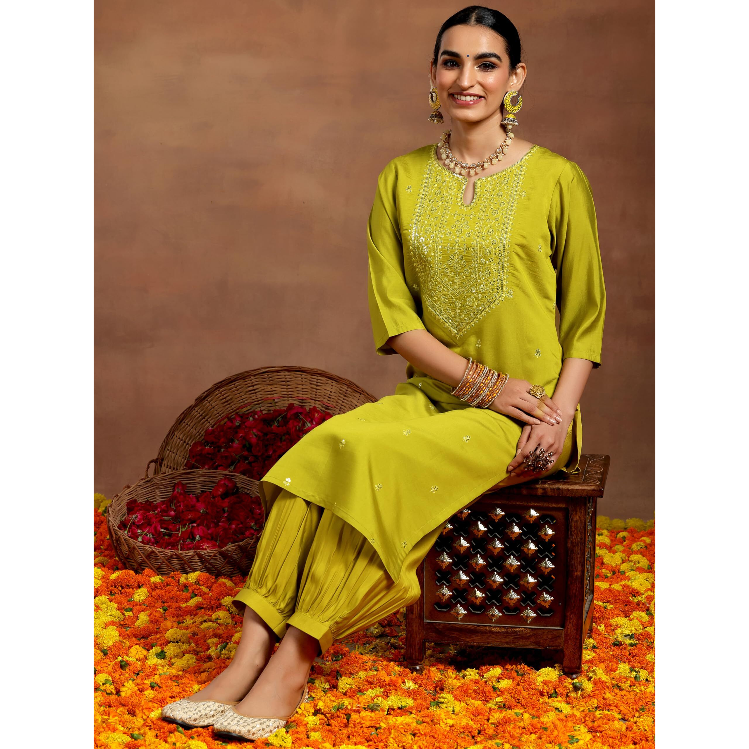 Libas Gerua Womens Embroidered Silk Blend Straight Kurta With Salwar