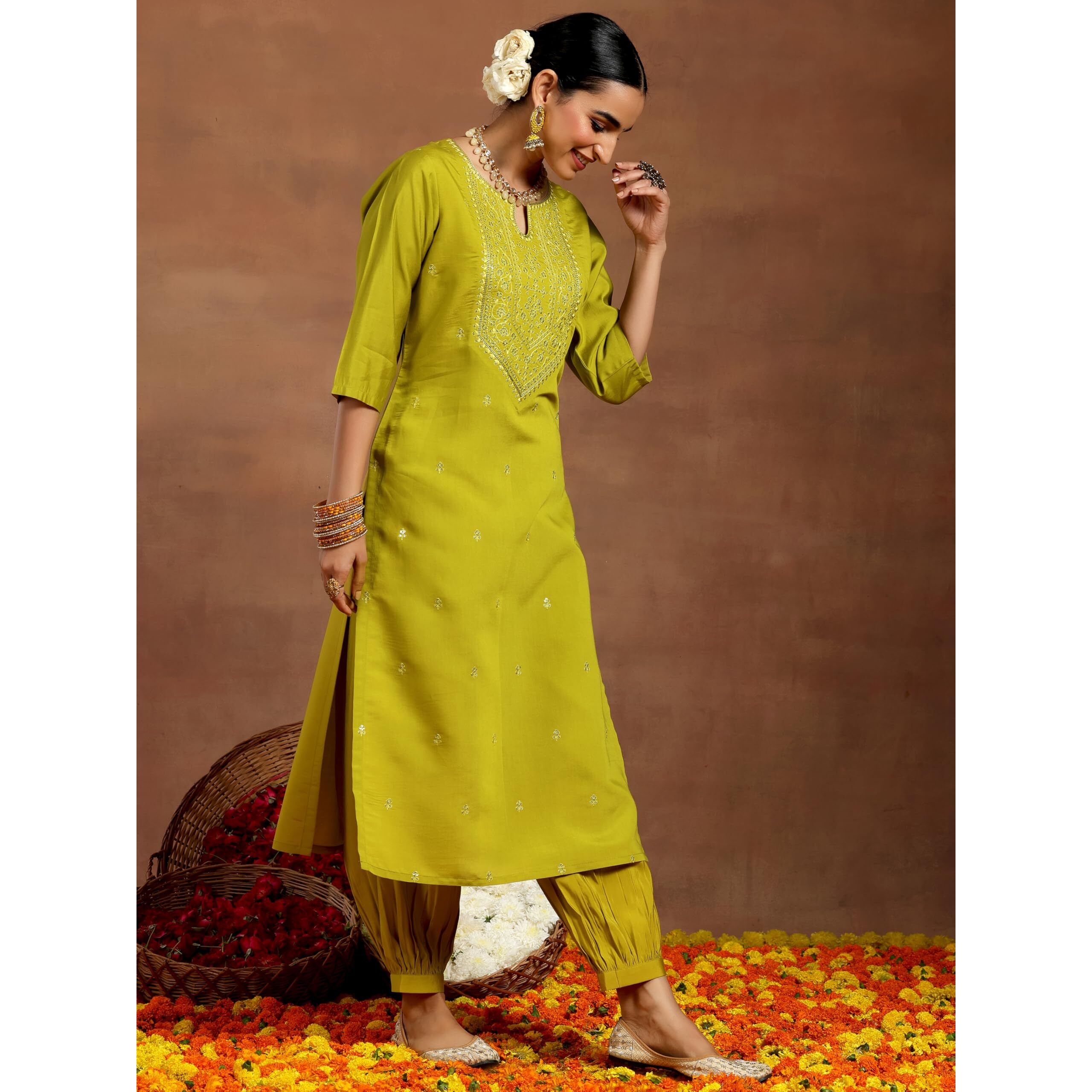 Libas Gerua Womens Embroidered Silk Blend Straight Kurta With Salwar