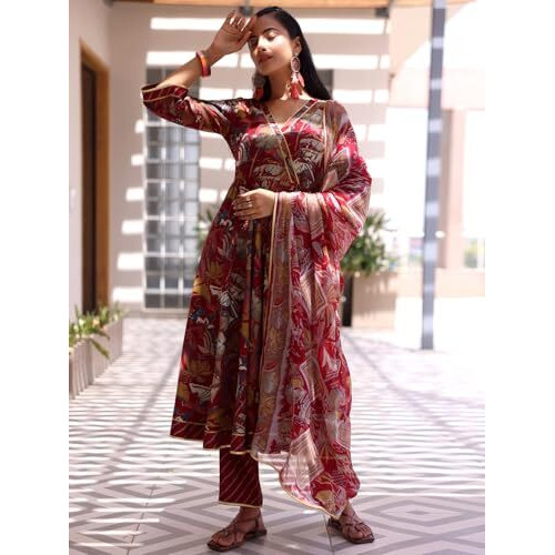 Libas Maroon Silk Blend Printed Kurta Sets For Women