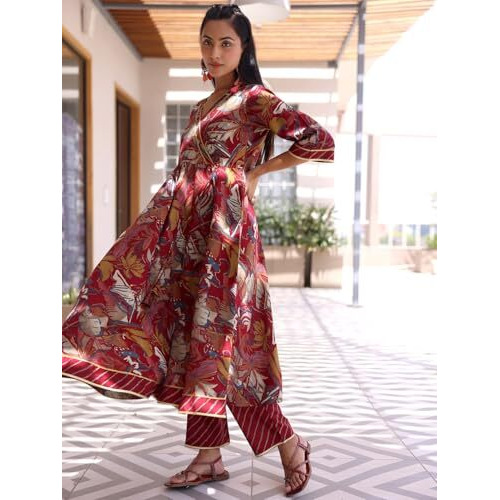 Libas Maroon Silk Blend Printed Kurta Sets For Women