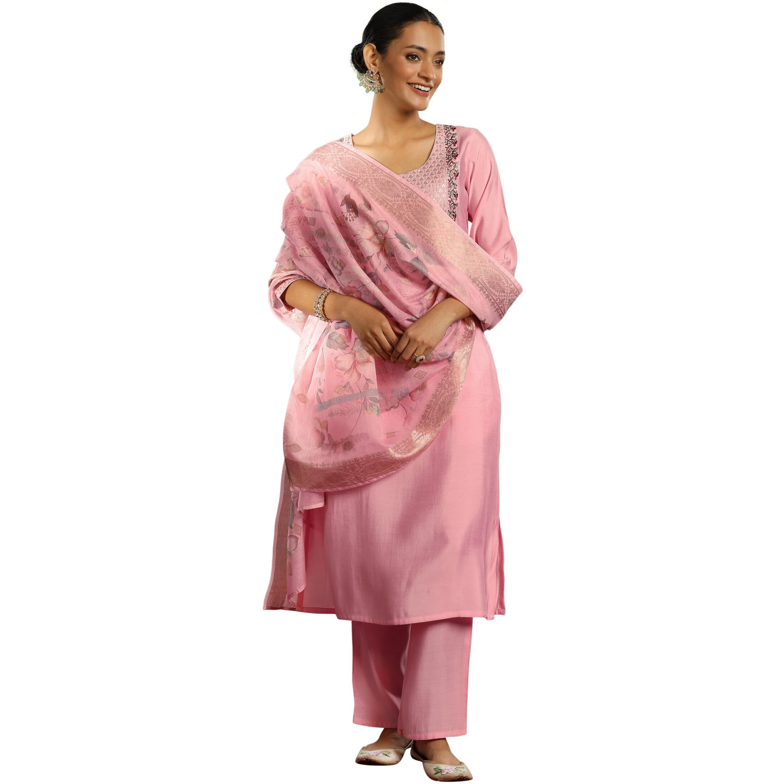 Libas Gerua Womens Yoke Design Silk Blend Straight Kurta With Trousers And Dupatta