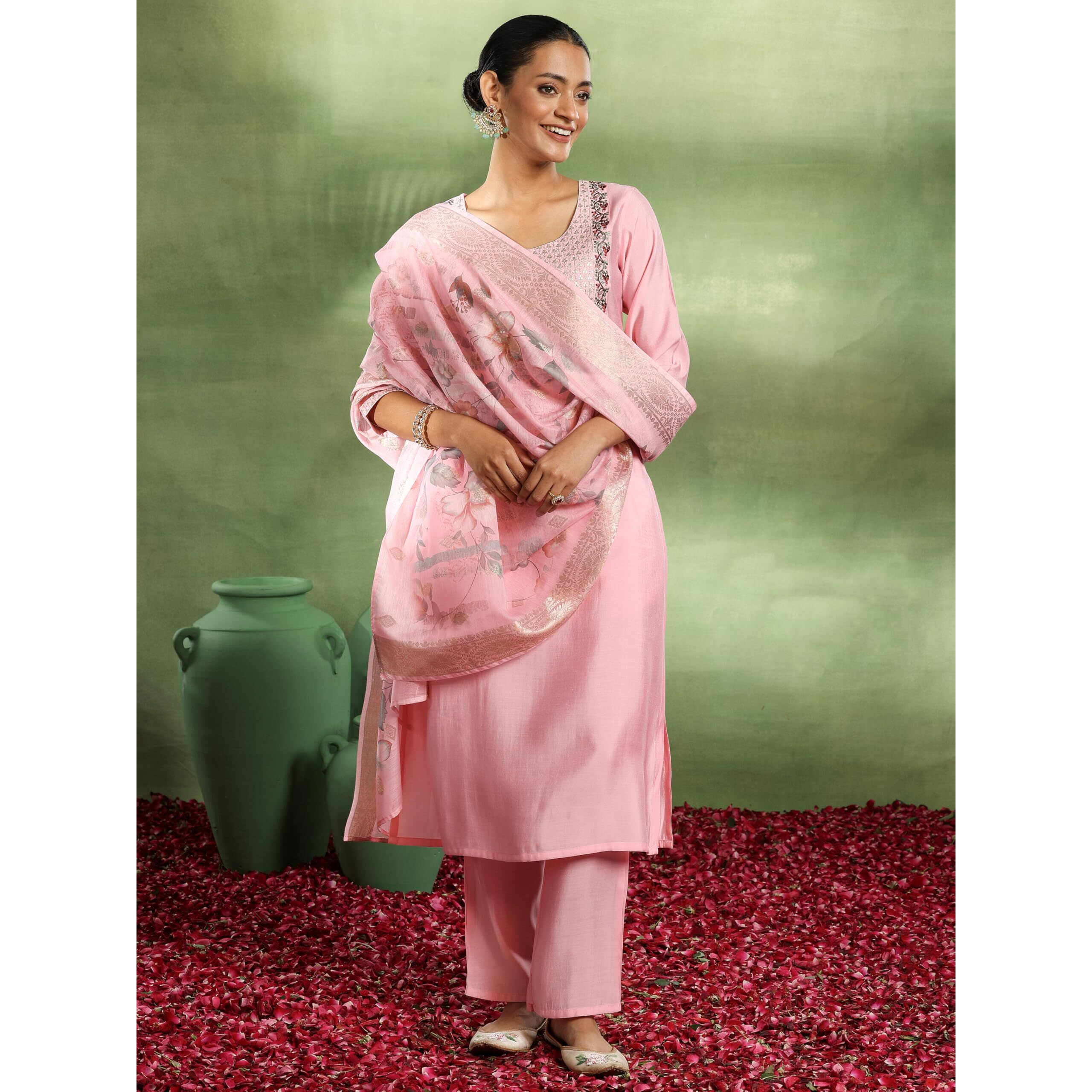 Libas Gerua Womens Yoke Design Silk Blend Straight Kurta With Trousers And Dupatta
