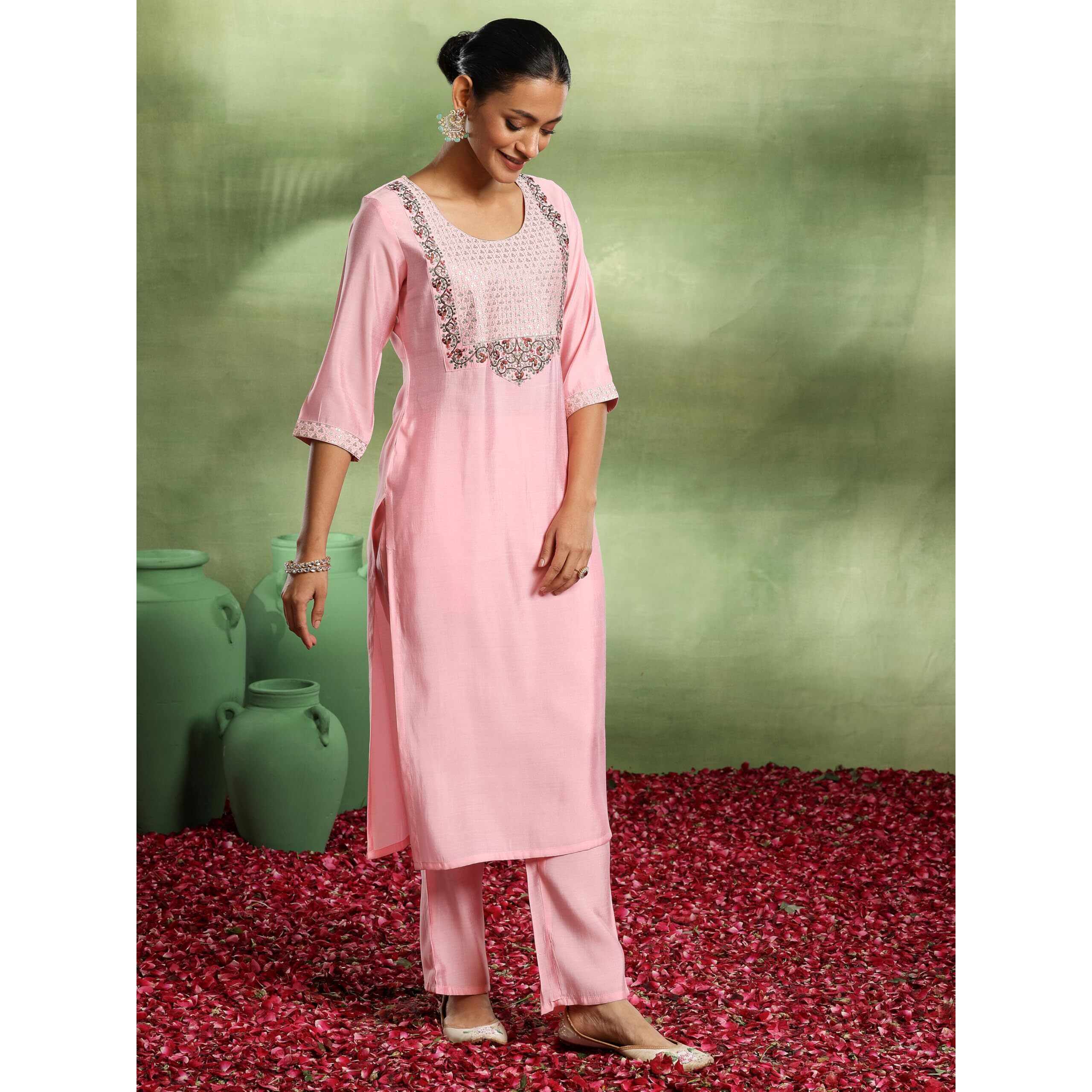 Libas Gerua Womens Yoke Design Silk Blend Straight Kurta With Trousers And Dupatta