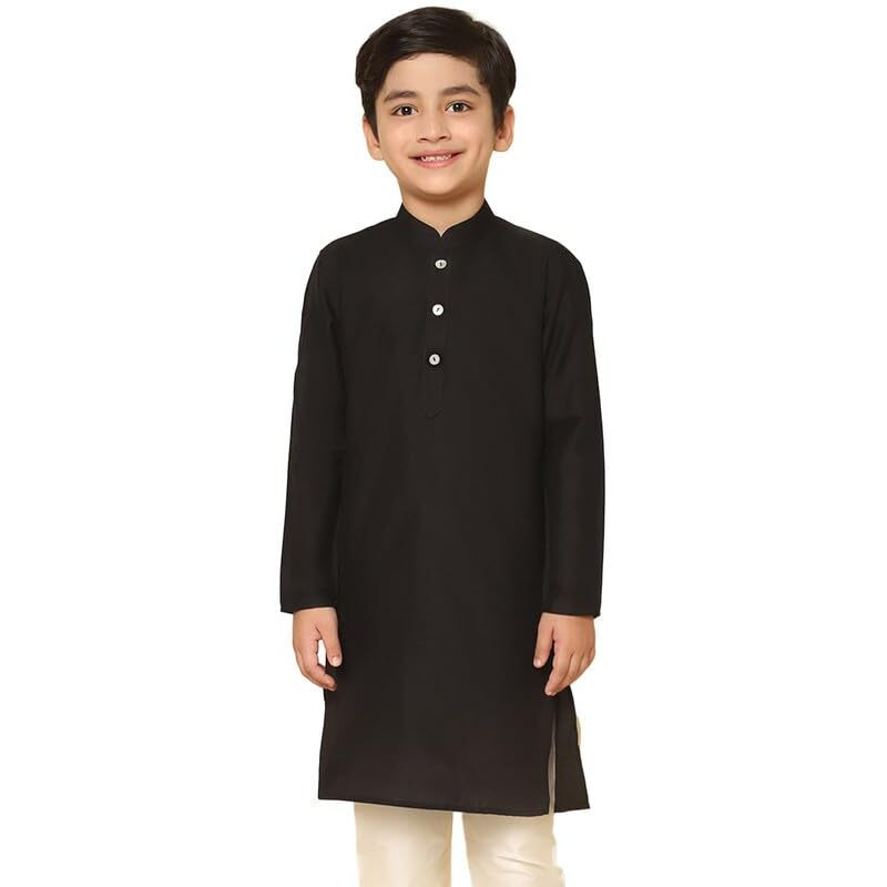 Kisah Boy's Kurta, Cotton Blend Black, Solid Long Sleeves Regular Fit Mandarin Collar (7-8 Years)