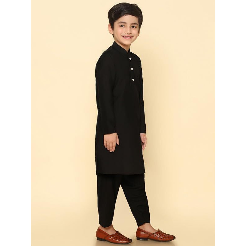 Kisah Boy's Kurta Patiala Set, Black Cotton Blend, Solid Long Sleeves Regular Fit Mandarin Collar (11-12 Years)
