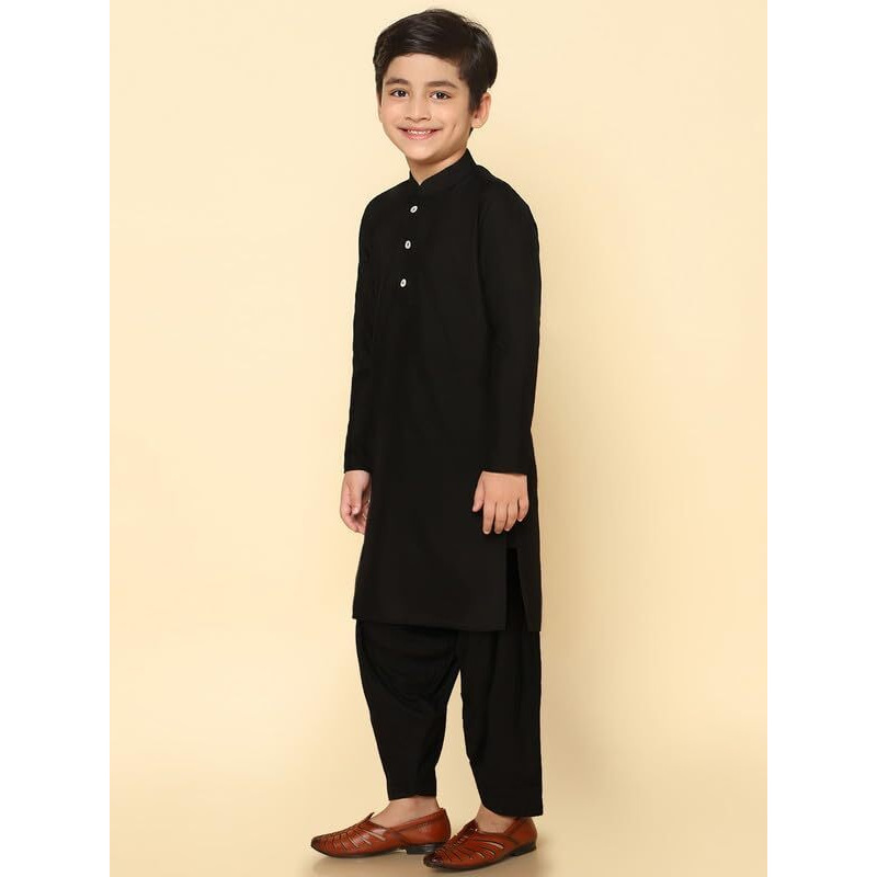 Kisah Boy's Kurta Patiala Set, Black Cotton Blend, Solid Long Sleeves Regular Fit Mandarin Collar (11-12 Years)