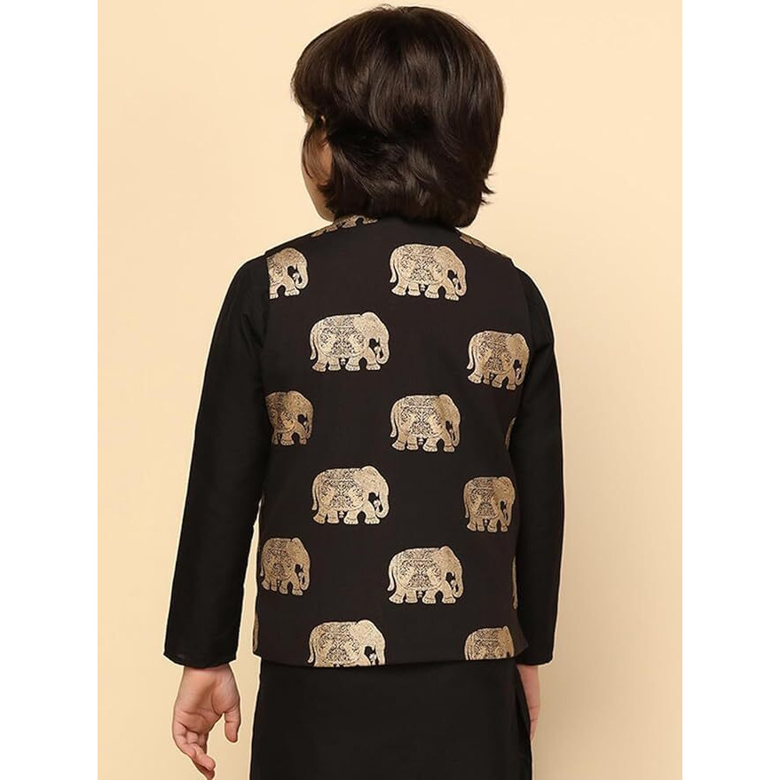 Kisah Boy's Cotton Blend Regular Fit Elephant Print Black Nehru Jacket (5-6Y)