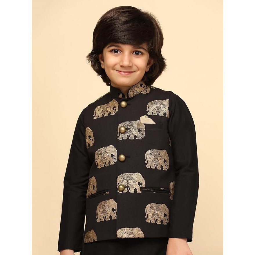 Kisah Boy's Cotton Blend Regular Fit Elephant Print Black Nehru Jacket (5-6Y)