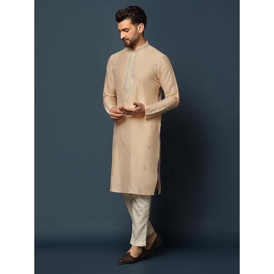Kisah Cotton Beige Kurta For Men, Full Sleaves, Knee Length, Straight, Regular Fit, Mandarin Collar, Geometric Embroidered Mirror Work Ethnic Wear