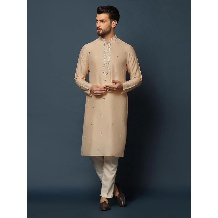 Kisah Cotton Beige Kurta For Men, Full Sleaves, Knee Length, Straight, Regular Fit, Mandarin Collar, Geometric Embroidered Mirror Work Ethnic Wear