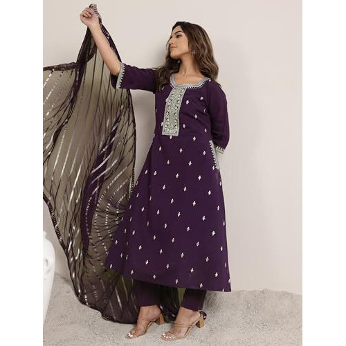 Libas Gerua Womens Embroidered Silk Blend A-Line Kurta With Trousers And Dupatta