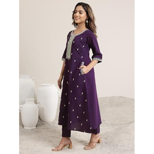 Libas Gerua Womens Embroidered Silk Blend A-Line Kurta With Trousers And Dupatta