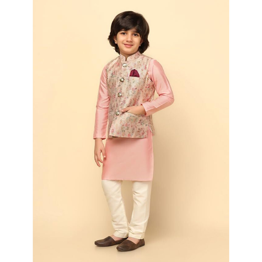 Kisah Boys Nehru Jacket Silk Blend Jacquard Design Waistcoat Jacket For Kids, Multicolored, 11-12 Years