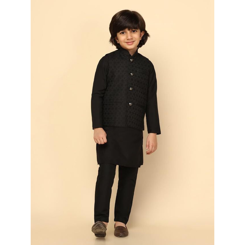 Kisah Boys Nehru Jacket Cotton Blend Jacquard Design Waistcoat Jacket For Kids, Black, 3-4 Years