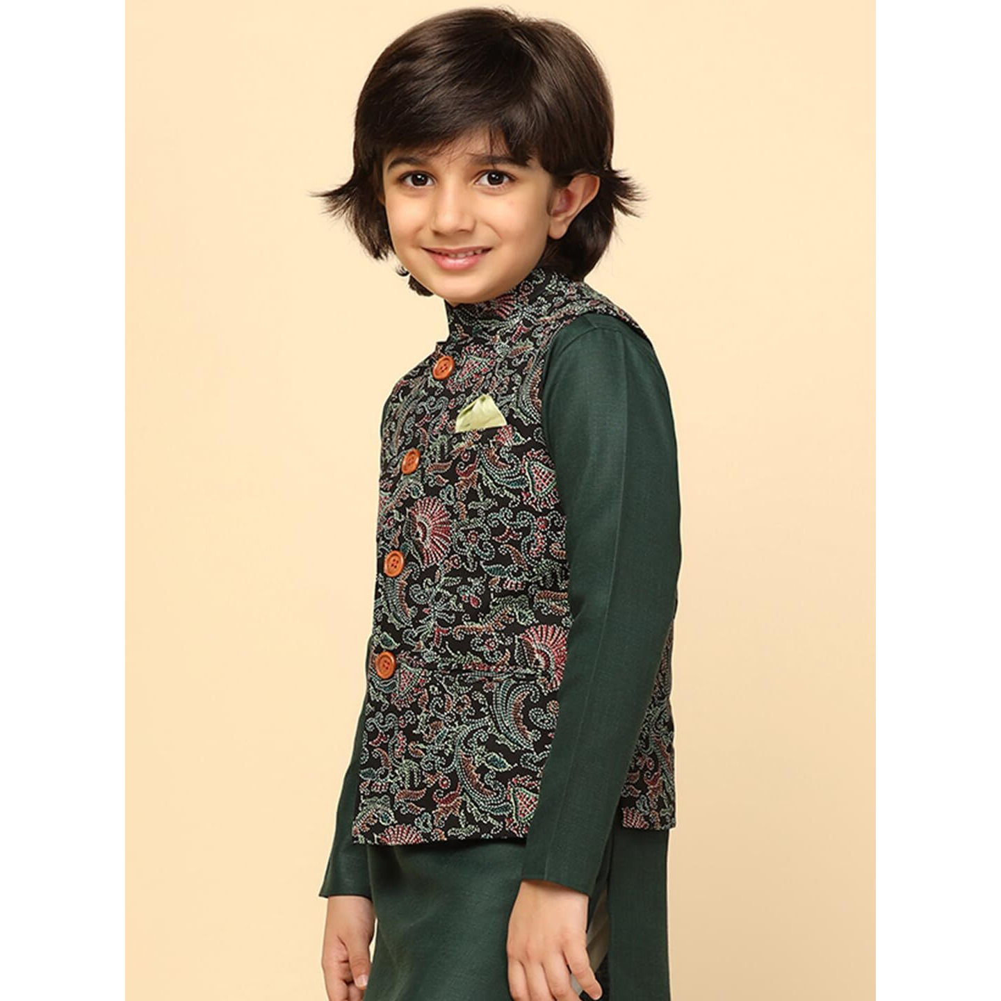 Kisah Boy's Cotton Blend Regular Fit Printed Black Multi Nehru Jacket (3-4Y)