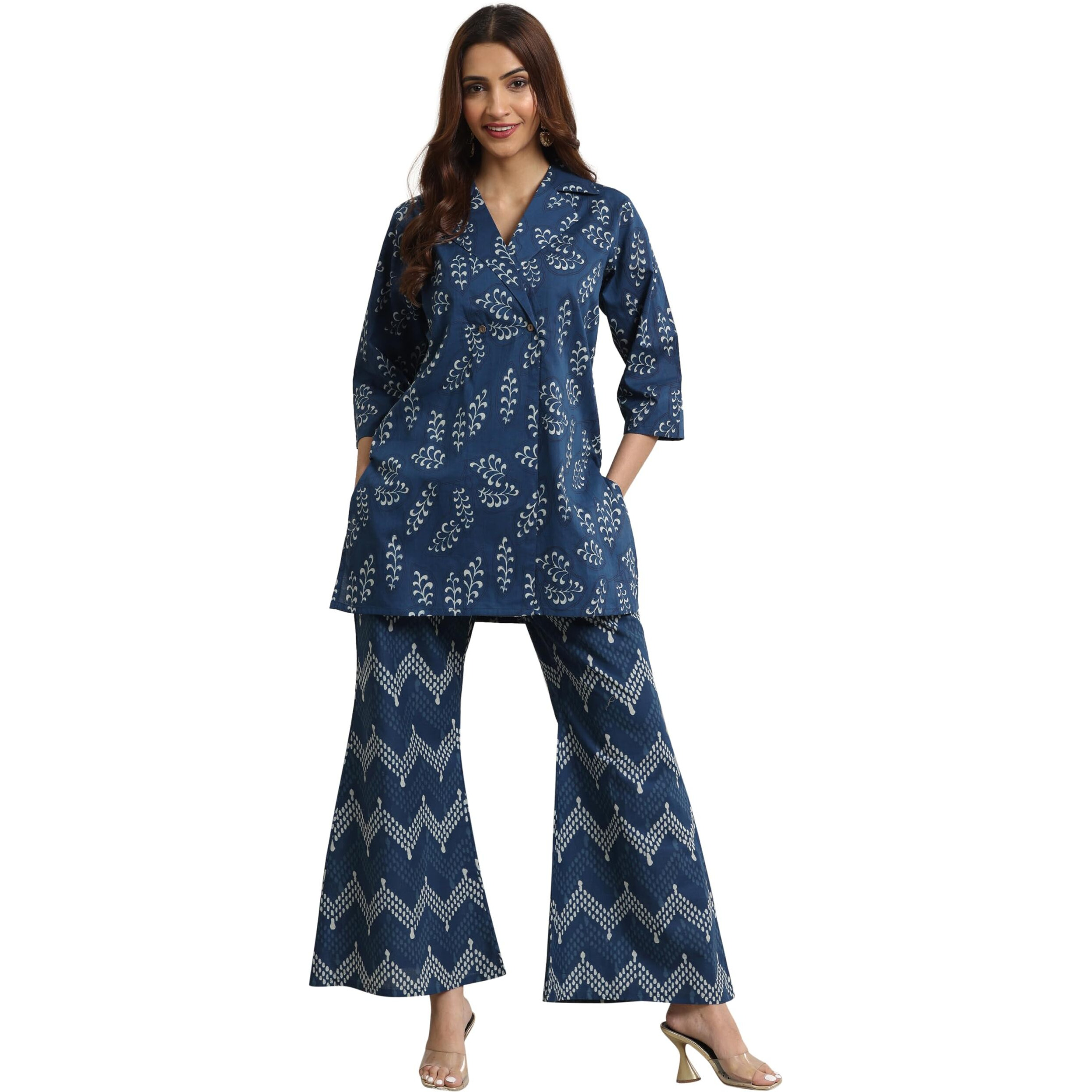 Libas Indigo Floral Printed Front Open Tunic With Chevron Printed Palazzo