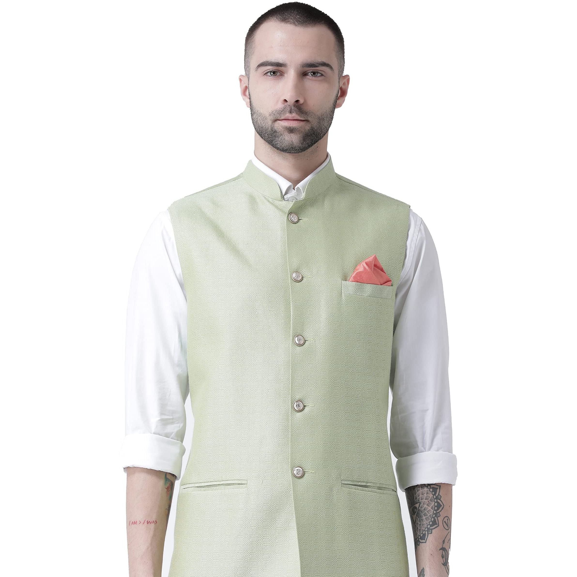 Kisah Men's Printed Sleeveless Jacquard Nehru Jacket | Ethnic Jacket-Waistcoat For Men (Light Green, 38)
