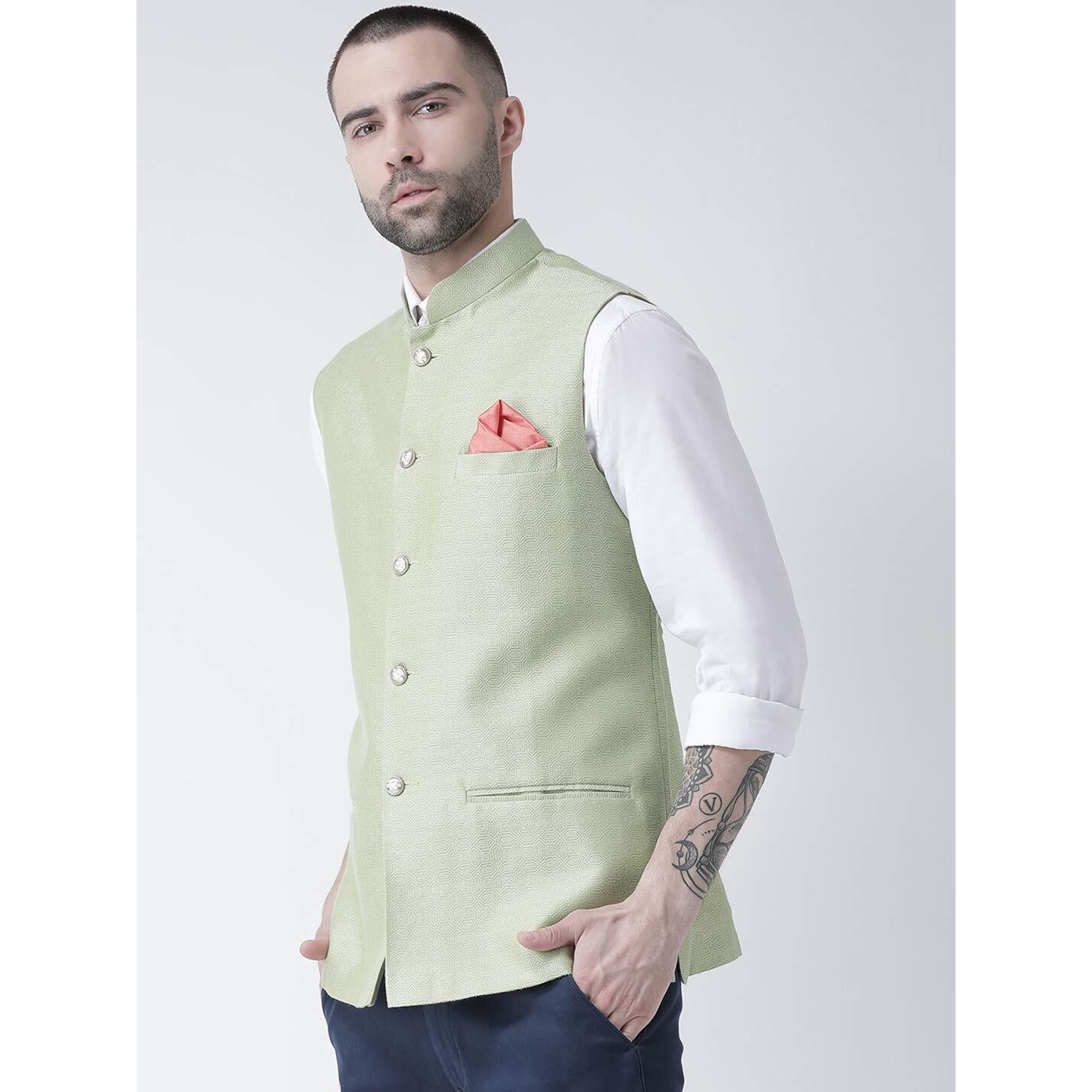 Kisah Men's Printed Sleeveless Jacquard Nehru Jacket | Ethnic Jacket-Waistcoat For Men (Light Green, 38)